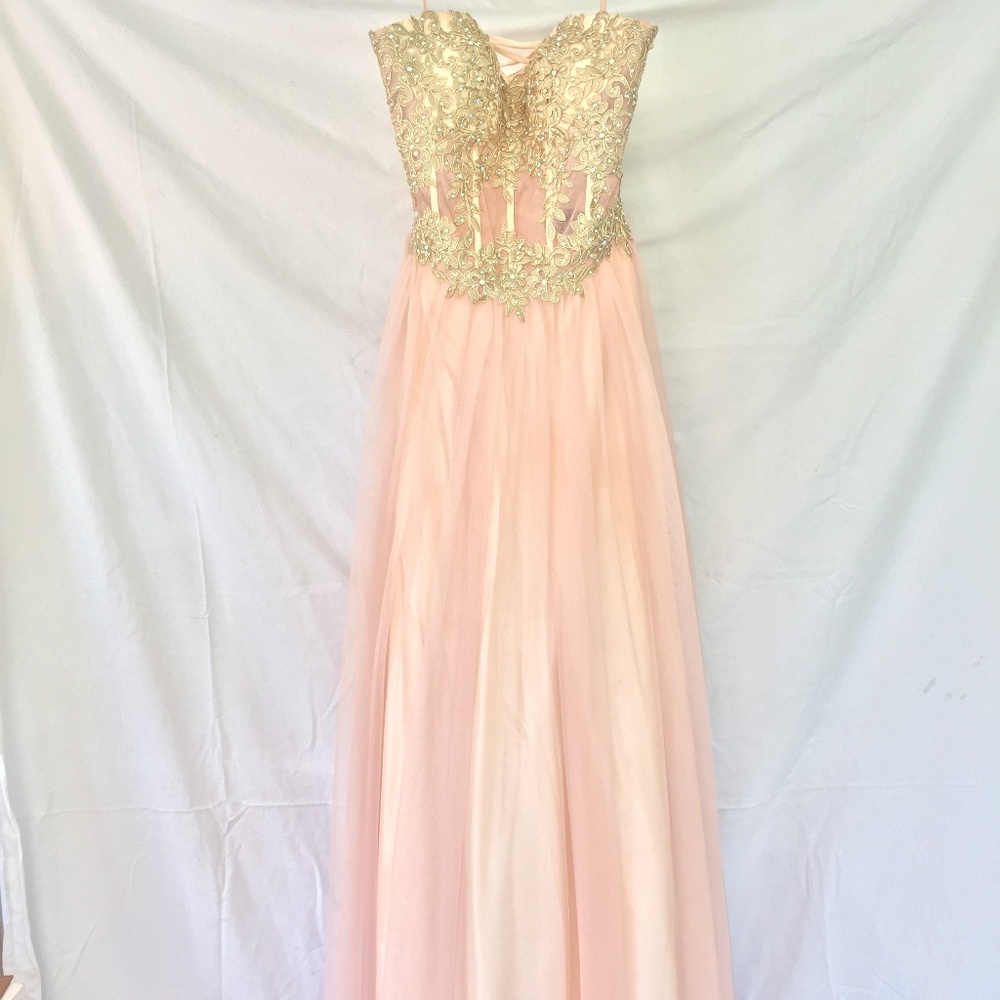 Pink and Gold Corset Back Strapless Prom Dress